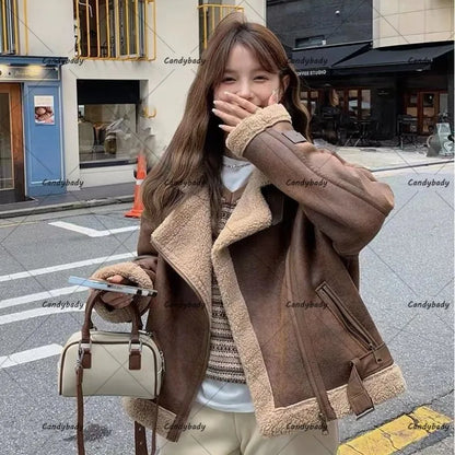 Cralom Imitation Lambswool Coat: Y2K Style Short Fur Jacket for Women