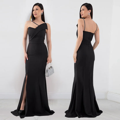 Cralom Women's Suspender Bag Arm Fish Tail Slit Dress in 2025 Summer