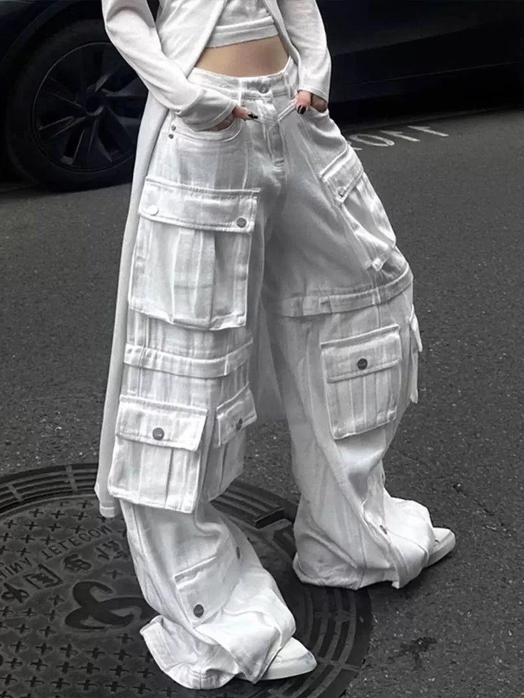 Cralom Streetwear Vintage Cargo Jeans High Waist Wide Leg Pants