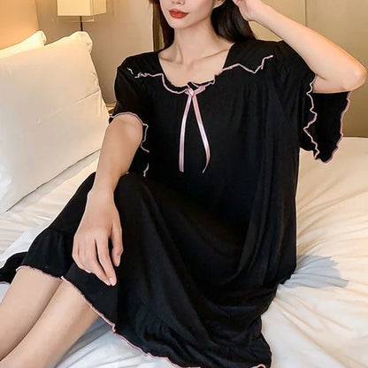 Cralom Short-Sleeve Nightgown: Plus Size, Breathable Fabric, Crew Neck, Bow Decor, Summer Sleepwear