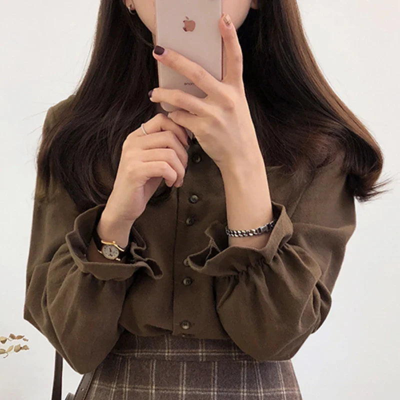 Cralom Flare Sleeve Peter Pan Collar Ruffles White Button Shirt
