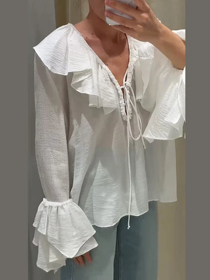 Cralom Women's White Ruffled V-Neck Chiffon Blouse Loose Fit Lace-up Casual Shirt
