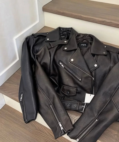 Cralom Retro Faux Leather Jacket with Belt and Zipper