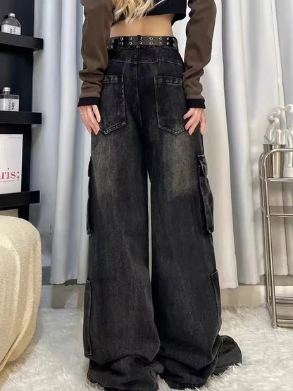 Cralom Women's Cargo Vintage Jeans | High Waist Straight Wide Leg Denim