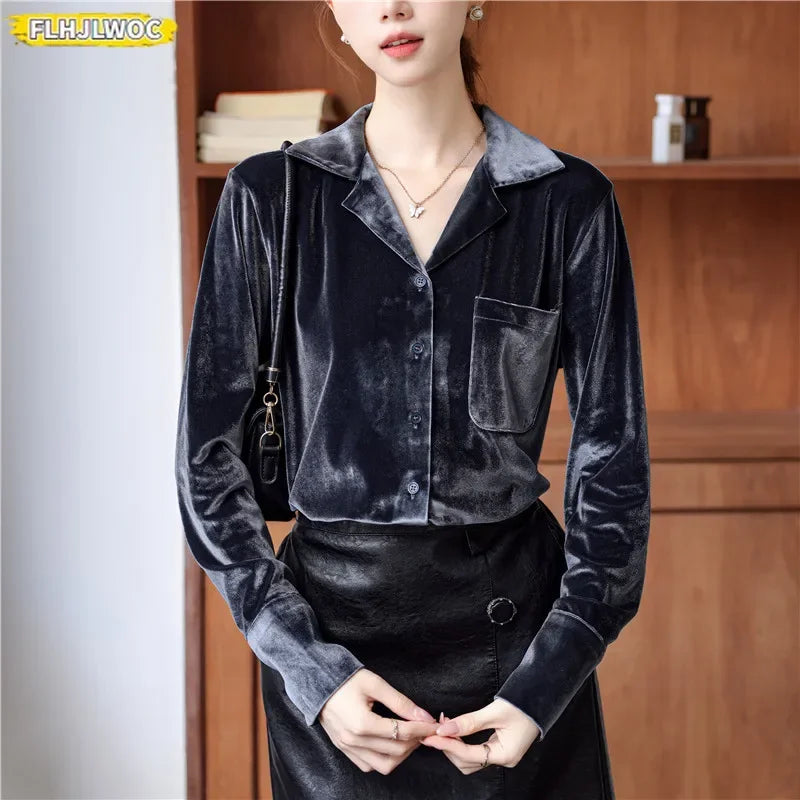 Cralom Long Sleeve Solid Gray Velvet Blouse French Style Women's Winter Top