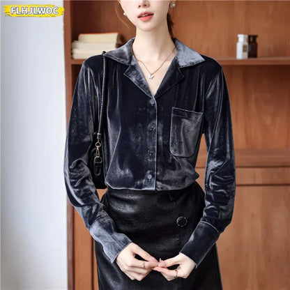 Cralom Long Sleeve Solid Gray Velvet Blouse French Style Women's Winter Top