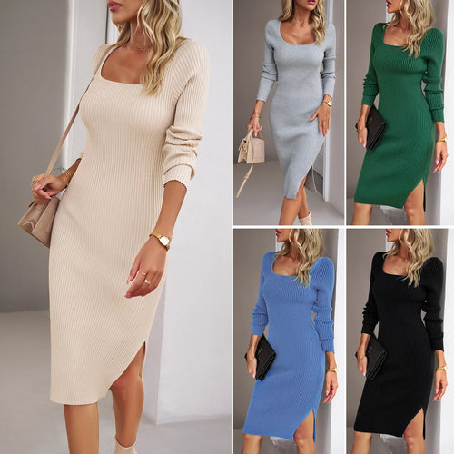 Cralom Long Sleeve Square Neck Woolen Dress for Autumn/Winter 2024