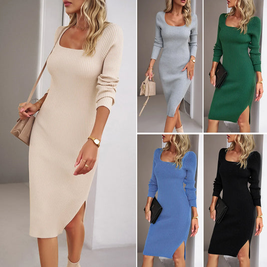 Cralom Long Sleeve Square Neck Woolen Dress for Autumn/Winter 2024