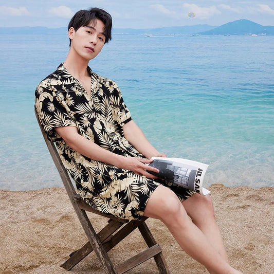 Cralom Hawaiian Shirt Set for Men Outdoor Vacation Beach Casual Pajamas Suit