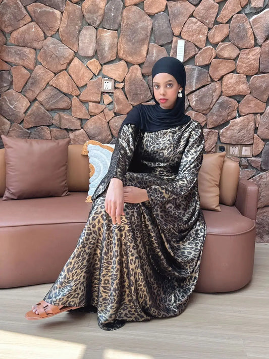 Leopard Print Satin Butterfly Abaya Maxi Dress by Cralom