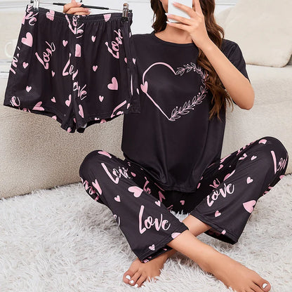 Cralom Heart Print Pajama Set for Women: Tee, Shorts & Pants Home Sleepwear