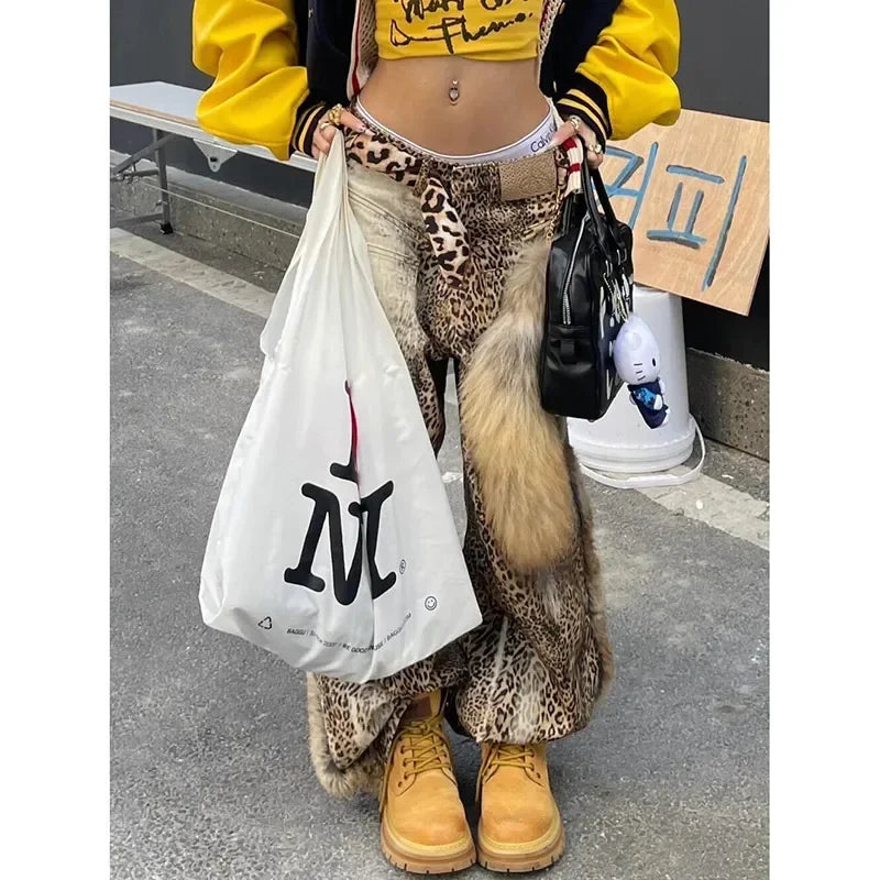 Cralom Vintage Leopard Wide Leg Jeans - Y2K Fashion Streetwear