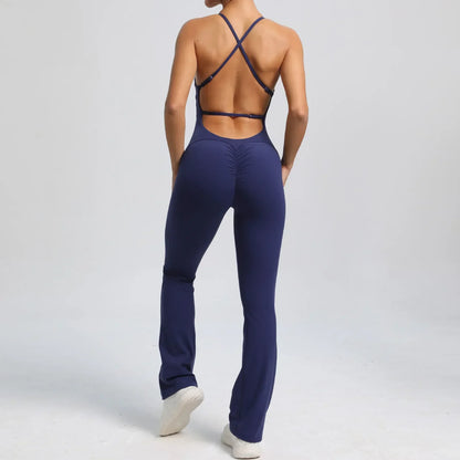 Cralom Seamless Yoga Set for Women, Open Back Flared Pants Gym Jumpsuit