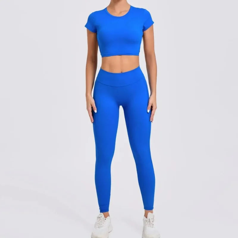 Cralom Cross Back Sports Bra Set - High Waist Leggings Gym Outfit