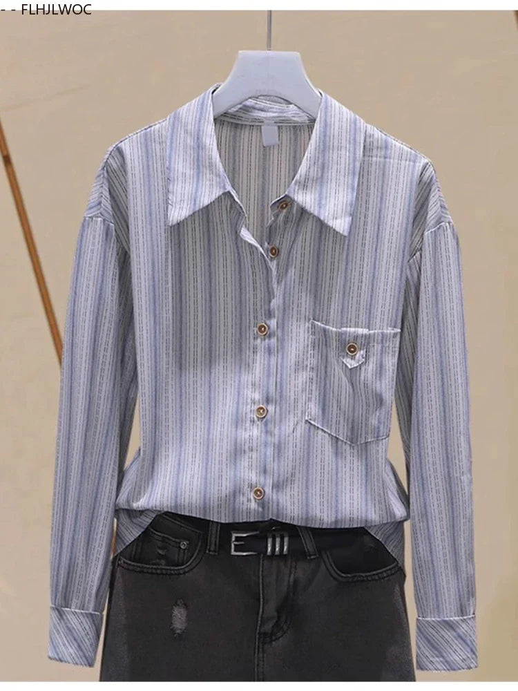 Cralom Striped Button Shirt Women Long Sleeve Office Blouse Casual Retro Design