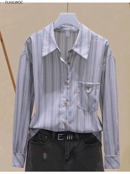Cralom Striped Button Shirt Women Long Sleeve Office Blouse Casual Retro Design