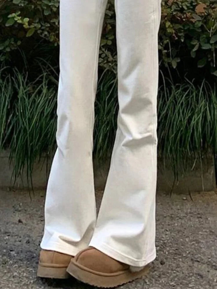 Cralom Vintage Washed Flare Jeans Women Y2K High Waist Streetwear Straight Pant