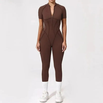 Cralom Seamless Front-Zip Short Sleeve Sports Jumpsuit
