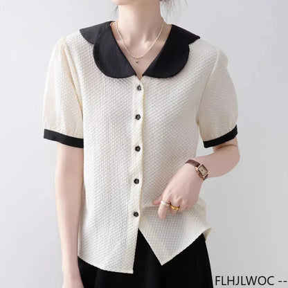 Cralom Retro Chic Peter Pan Collar Button Shirt Blouse for Women Summer 2025