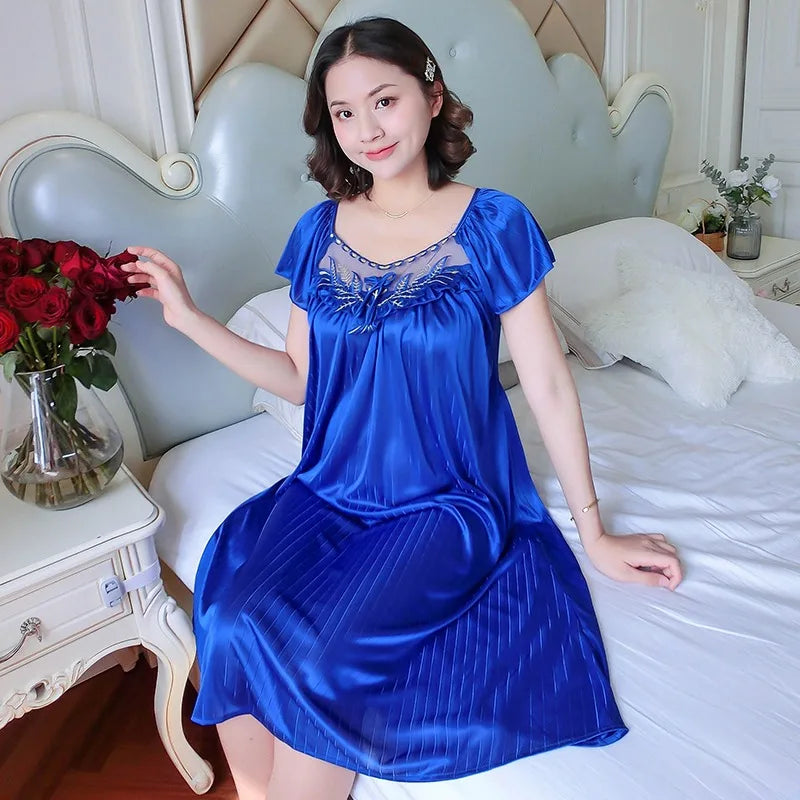 Cralom Women's Silk Nightgown: Medium Length Short Sleeve Nightdress Sleepwear Pyjama Loungewear