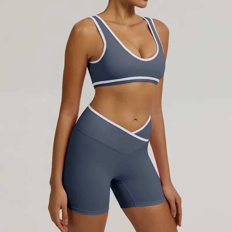 Cralom Seamless Yoga Set: Cross Waistband Butt Lifting Shorts & Sports Bra