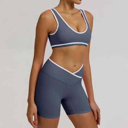 Cralom Seamless Yoga Set: Cross Waistband Butt Lifting Shorts & Sports Bra