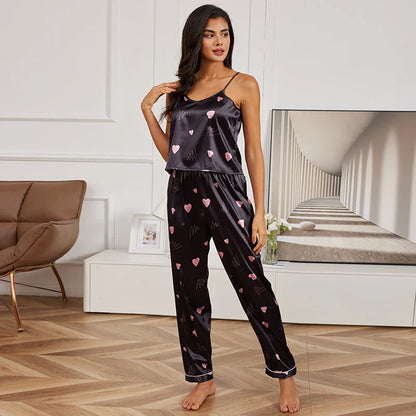Cralom Silk Pajama Set: V Neck Cami Vest with Trousers, 2 Piece Sleepwear Loungewear
