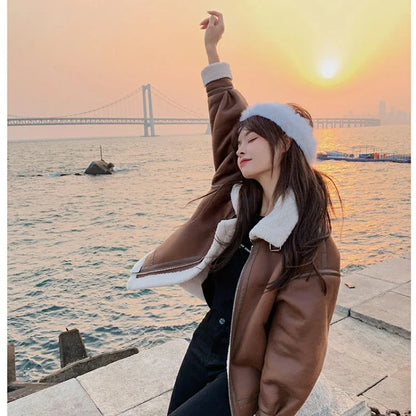 Cralom Winter Lambswool Padded Fur Coat Female Motorcycle Suit