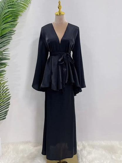 Cralom Cralom Ramadan Satin Abaya Modest Dress Set Women's Kaftan