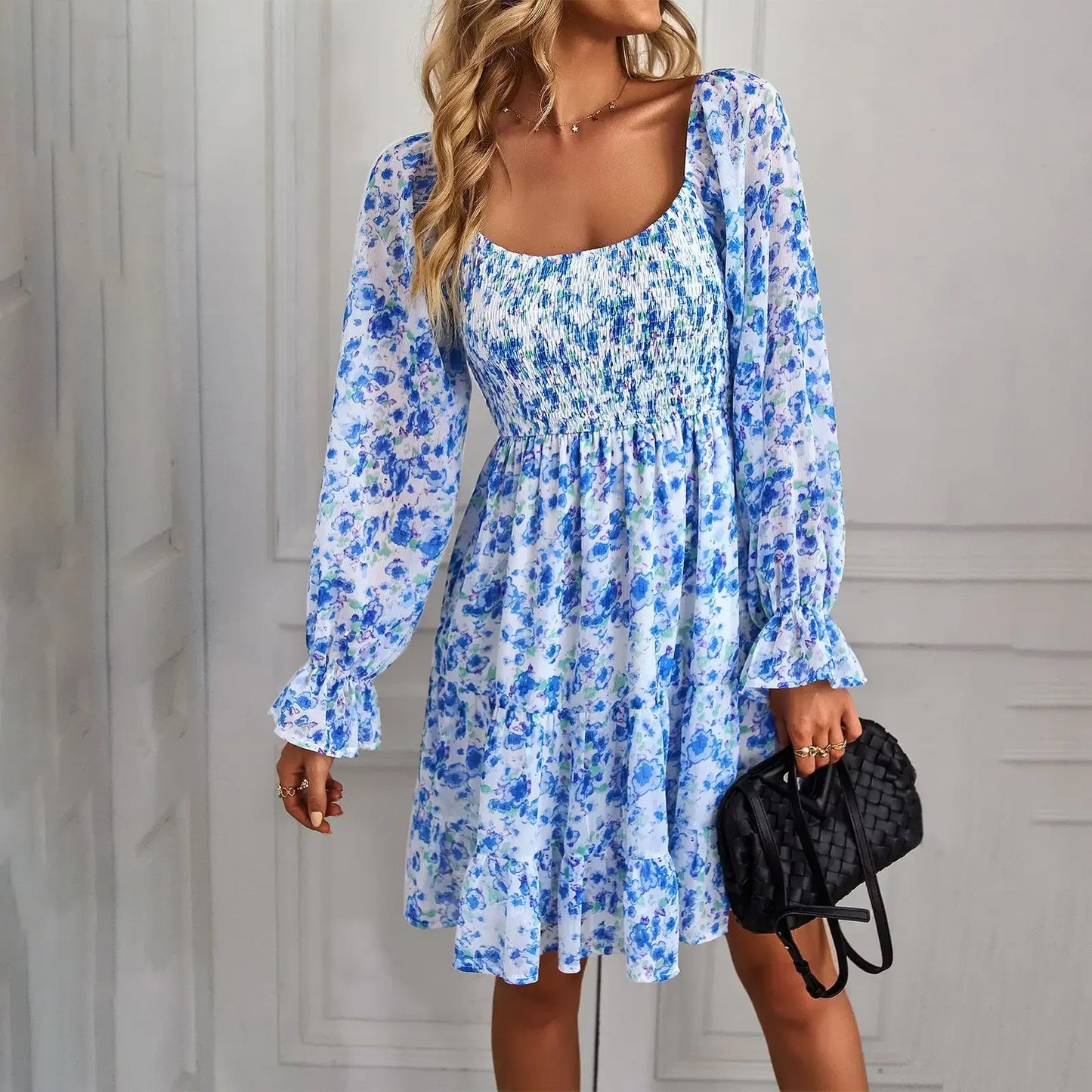 Cralom Floral Square Neck Long Sleeve Dress for Spring/Summer 2024