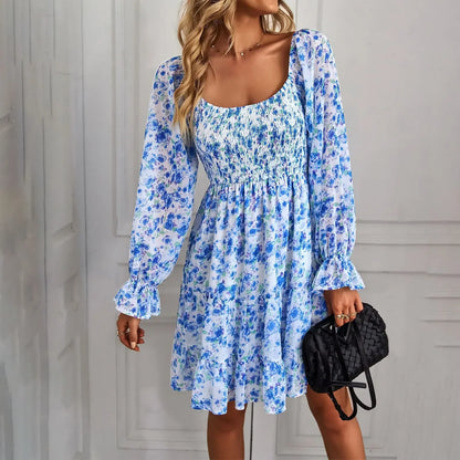 Cralom Floral Square Neck Long Sleeve Dress for Spring/Summer 2024