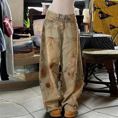 Cralom Vintage Tie Dye Wide Leg Denim Pants for Women