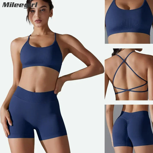 Cralom Women's Seamless Yoga Set - Cross Back Bra & Buttocks Gym Shorts