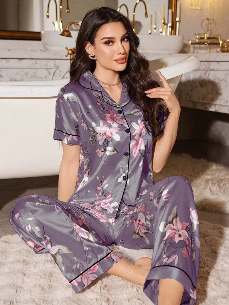 Cralom Floral Satin Pajama Set - Short Sleeve Button-Up Tops and Pants