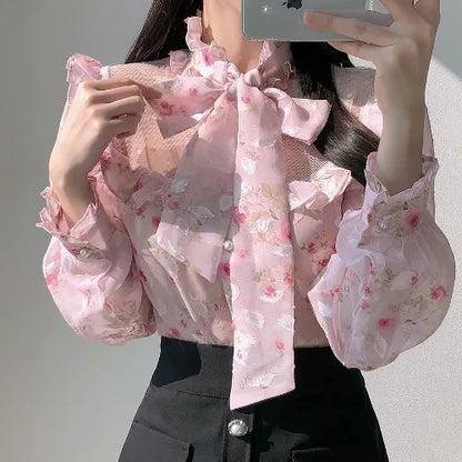 Cralom Ruffled Stand Collar Blouse 2025 Y2K Summer Chic Japan Cute Bow Tie Tops