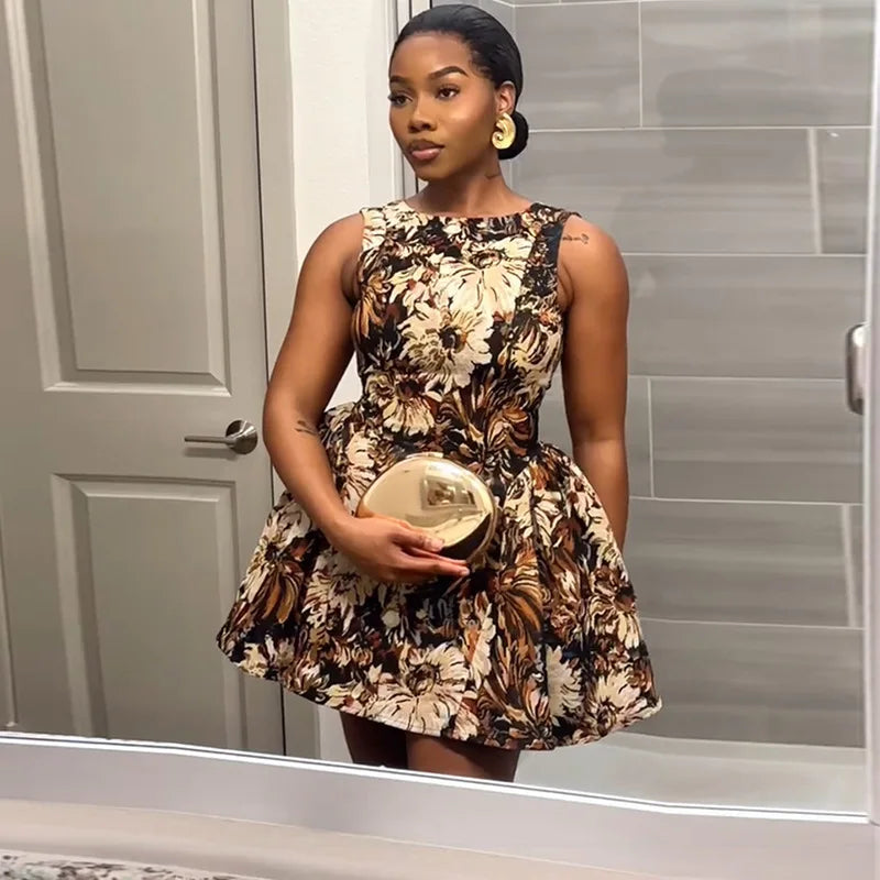 Cralom 2025 Summer Print A-line Sleeveless Short Dress