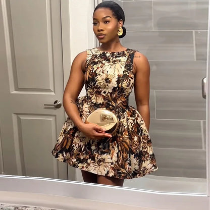 Cralom 2025 Summer Print A-line Sleeveless Short Dress