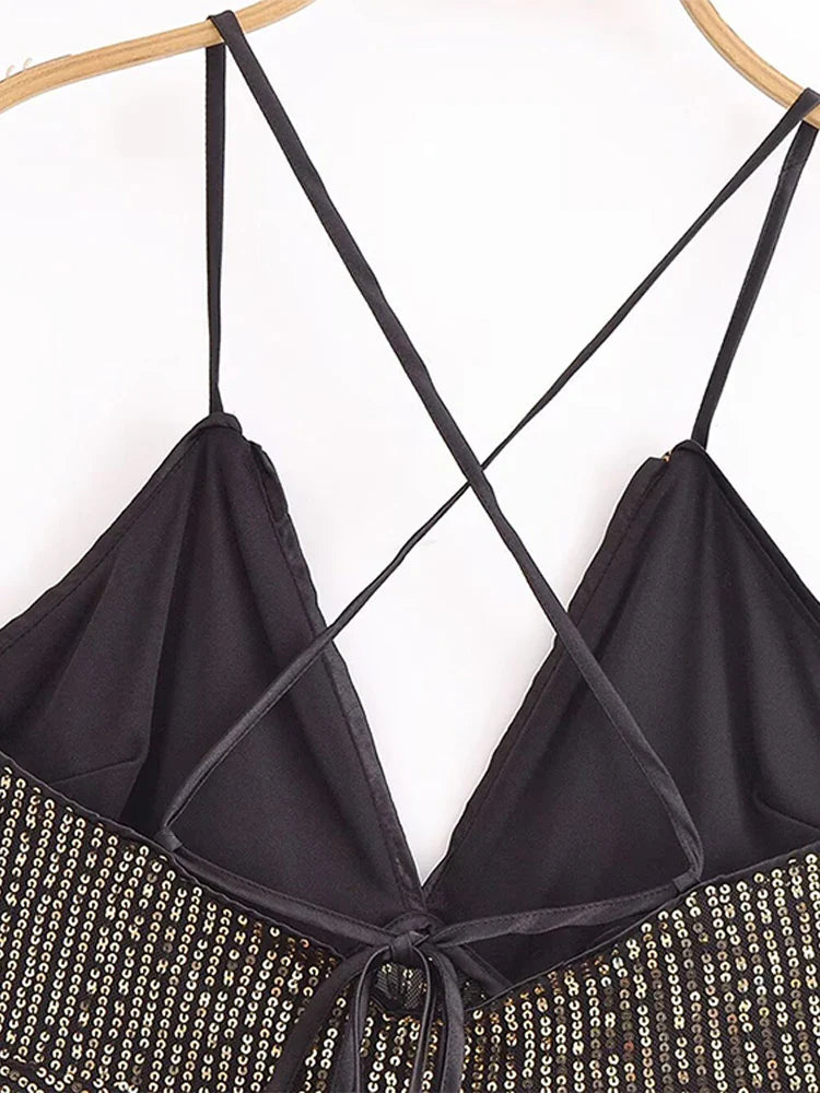 Cralom Sequins Patchwork Mesh Camisole: Sexy V-Neck Backless Top