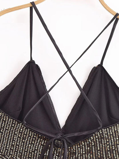Cralom Sequins Patchwork Mesh Camisole: Sexy V-Neck Backless Top