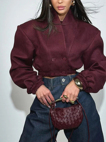 Cralom Winered Retro Slim Coat V Neck Double Breasted Short Jacket Women's Fashion