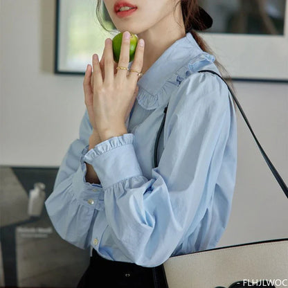 Cralom Blue Cotton Peter Pan Collar Blouse: 2023 Summer Chic Women's Shirt