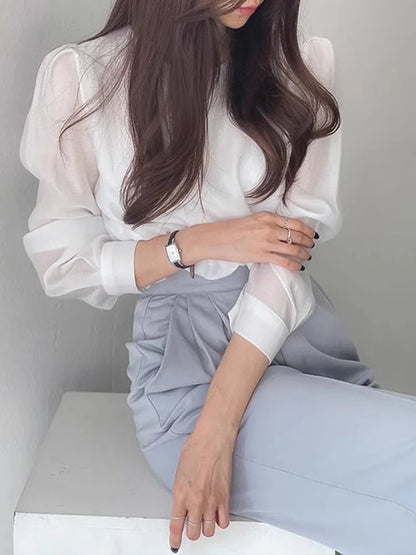 Cralom Chic Summer Blouse with Bubble Sleeves