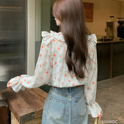 Cralom Floral Print Ruffles Top for Women - Retro Vintage Style