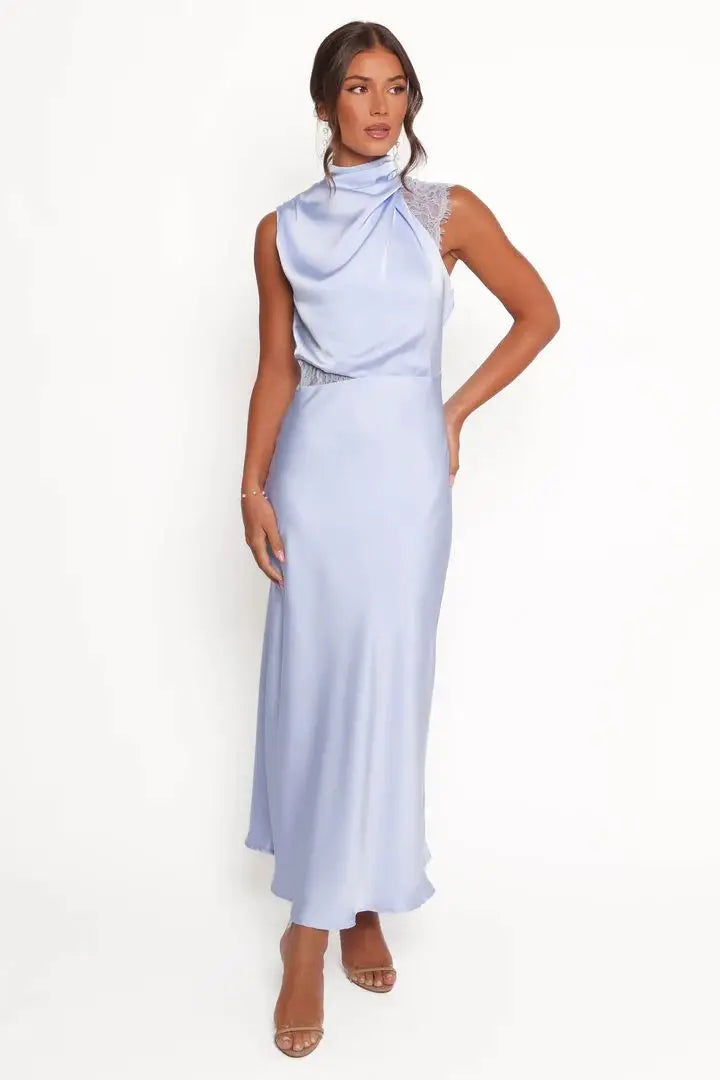 Cralom Solid Color Lace Dress with Hanging Neck and Waist for Women
