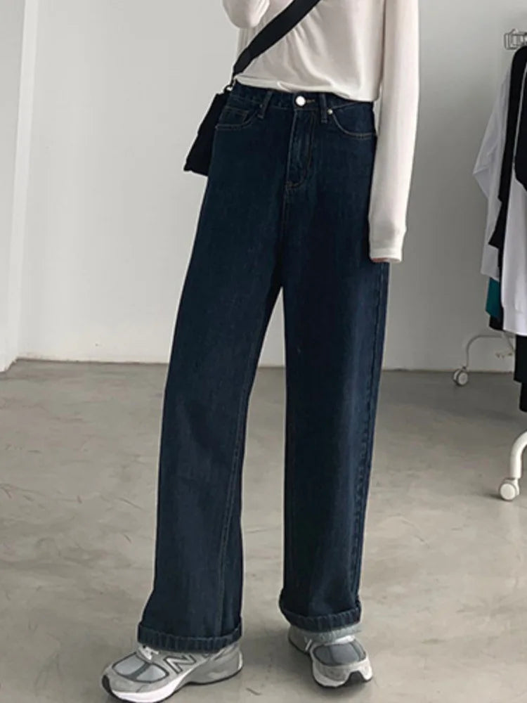Cralom High Waist Baggy Straight Jeans Blue Wash Streetwear Vintage Y2K Fashion