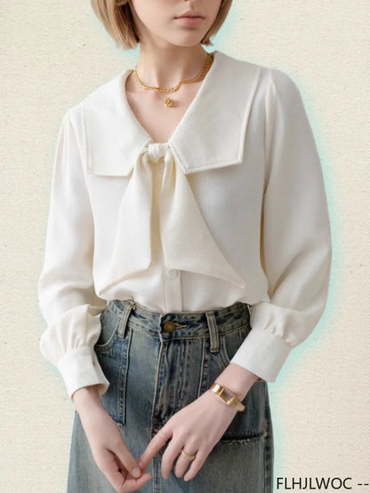 Cralom Sweet Ribbon Button Bow Tie Top for Women - Elegant Korean Style Blouse