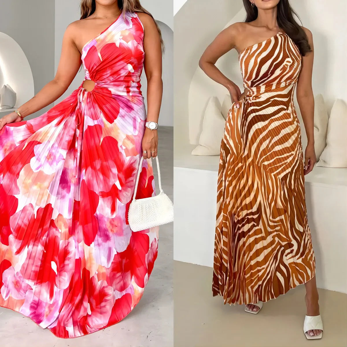 Cralom Lace Up Print Single Shoulder Dress