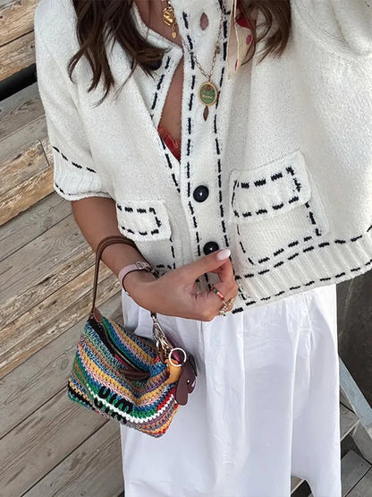 Cralom Short Sleeve O-neck Knit Cardigan Open-line Sweater