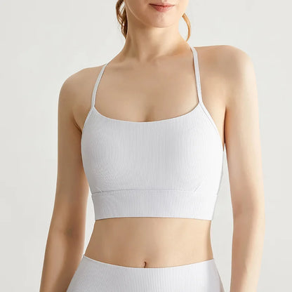 Cralom Ribbed Yoga Bra with Built-in Pads and Thin Straps for Gym and Running