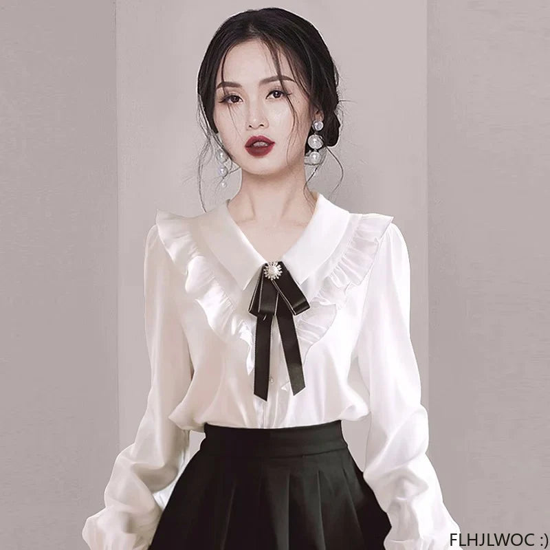 Cralom Ruffled Ribbon Bow Tie Elegant White Blouse